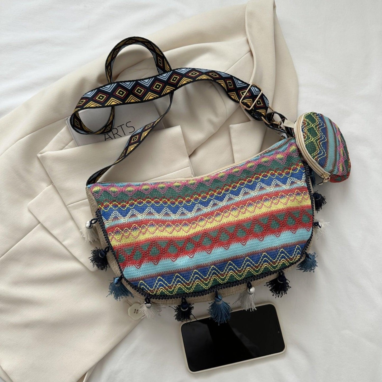 Printed Tassel Detail Crossbody Bag with Small Purse - Clothes For Her Online Store