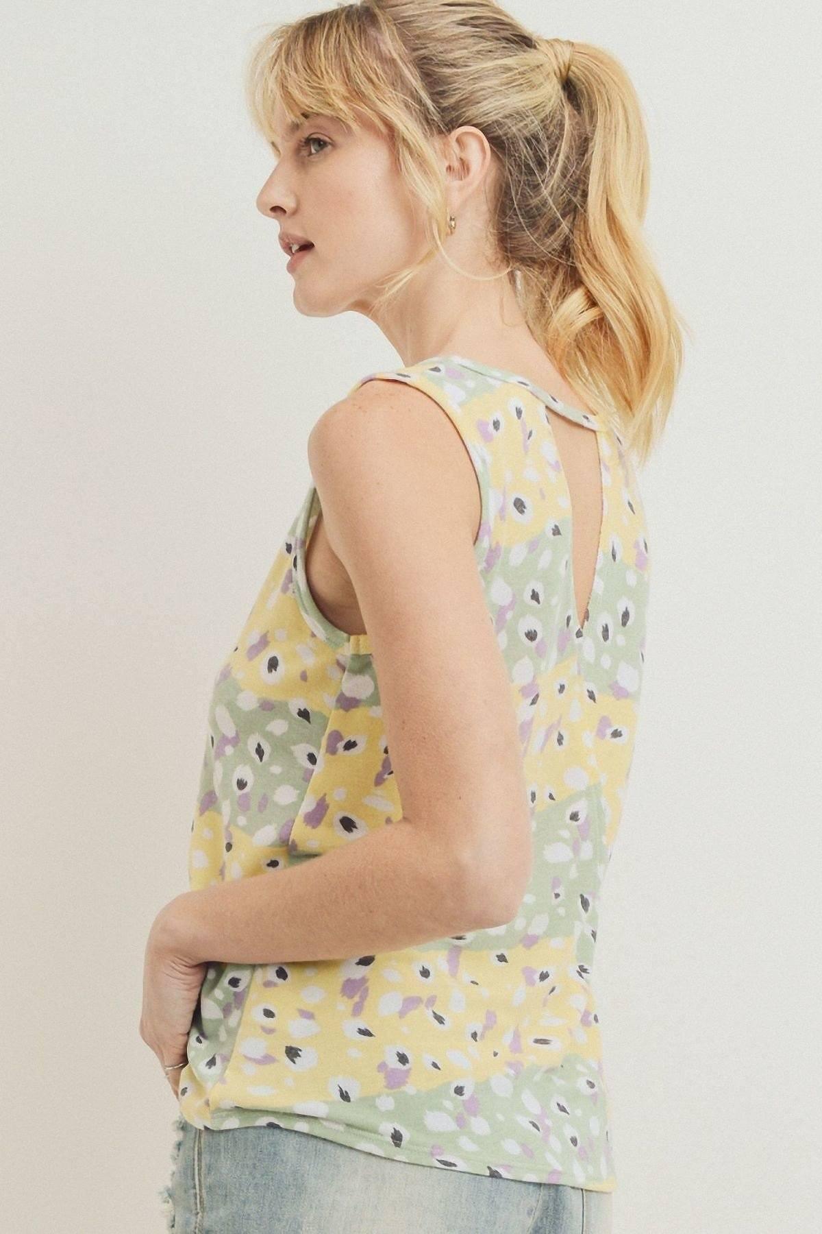 Printed Terry Back Opened Sleeveless Top - Clothes For Her Online Store