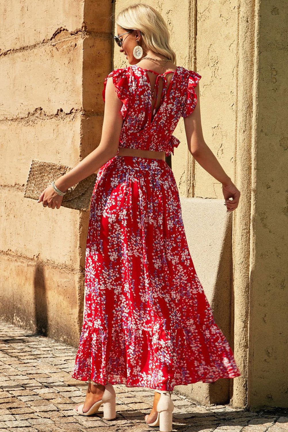 Printed Tie Back Cropped Top and Maxi Skirt Set - Clothes For Her Online Store