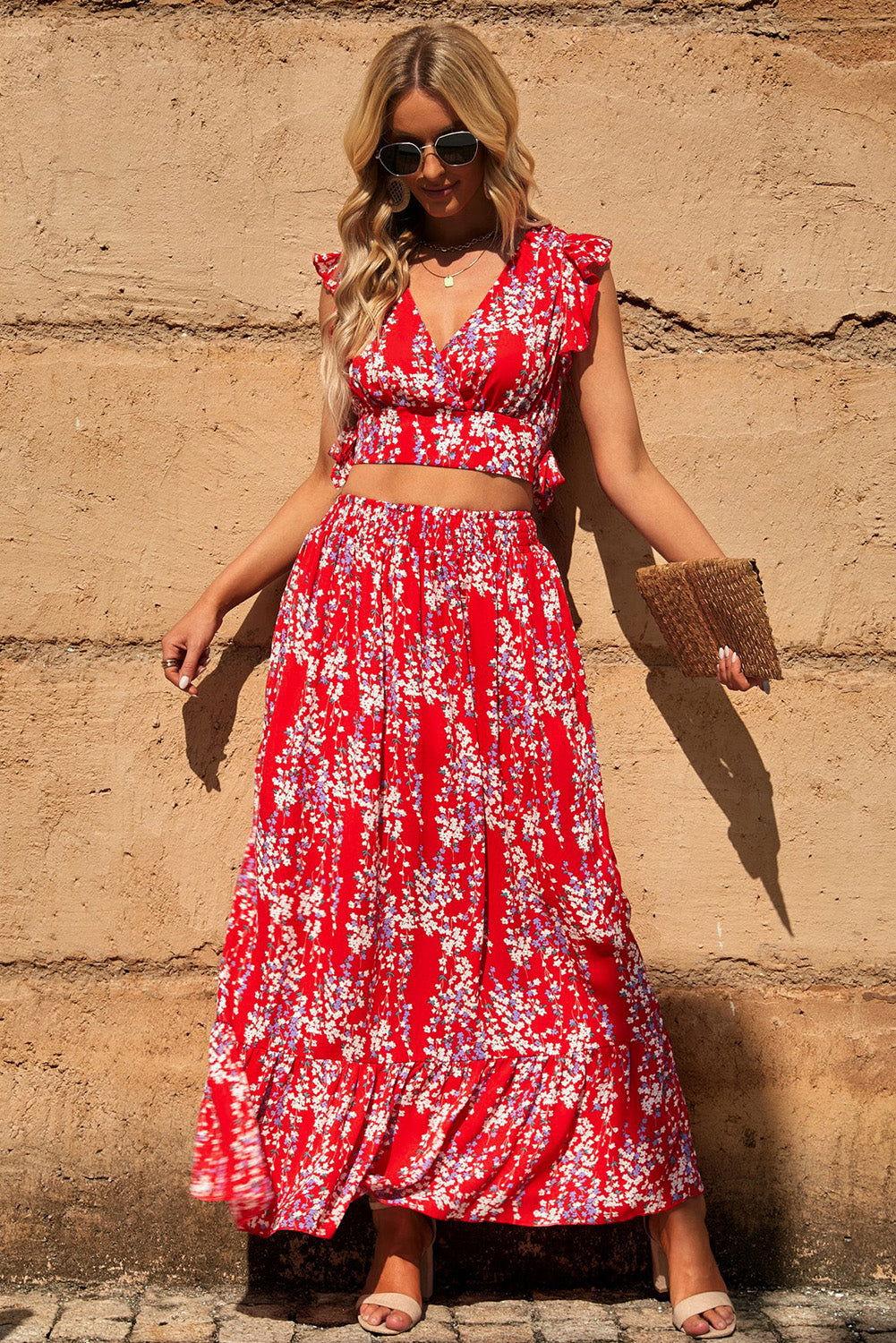 Printed Tie Back Cropped Top and Maxi Skirt Set - Clothes For Her Online Store