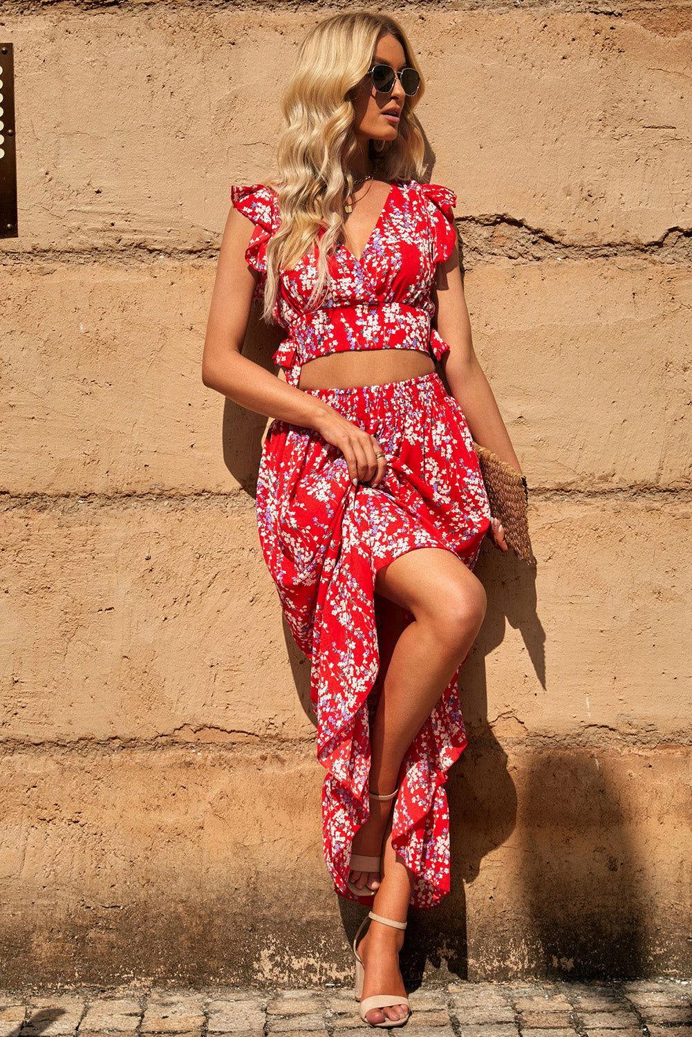 Printed Tie Back Cropped Top and Maxi Skirt Set - Clothes For Her Online Store