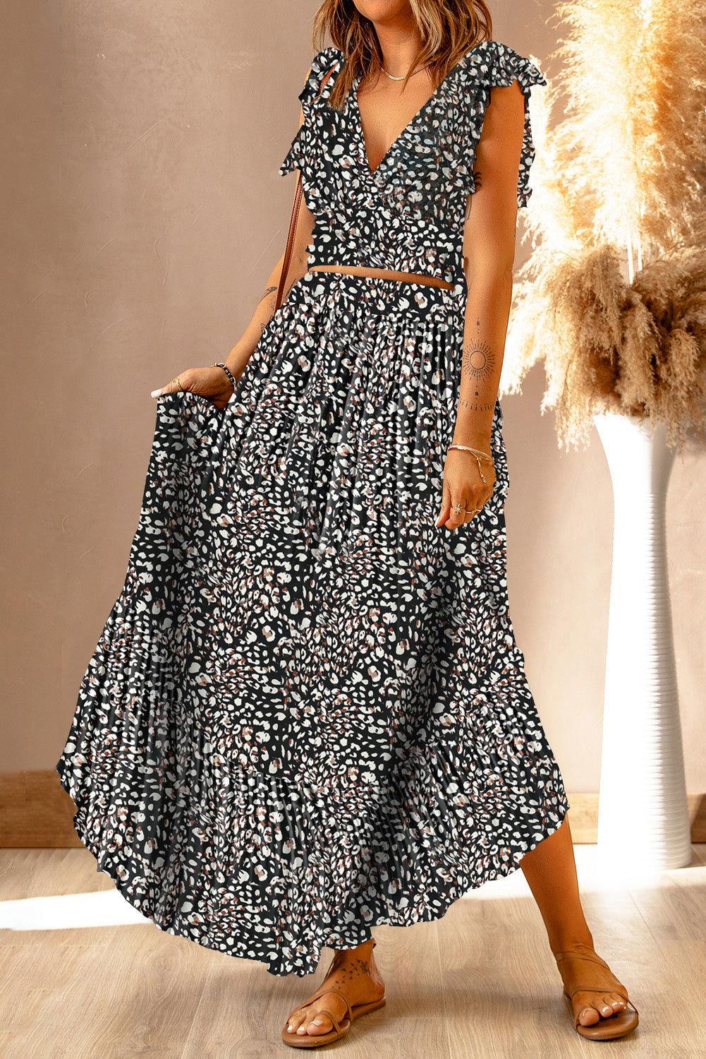 Printed Tie Back Cropped Top and Maxi Skirt Set - Clothes For Her Online Store