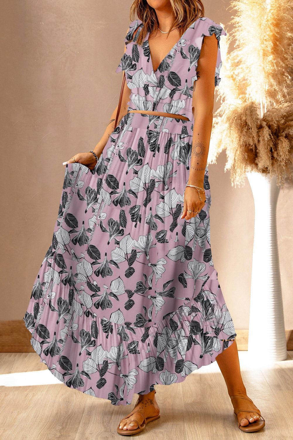 Printed Tie Back Cropped Top and Maxi Skirt Set - Clothes For Her Online Store