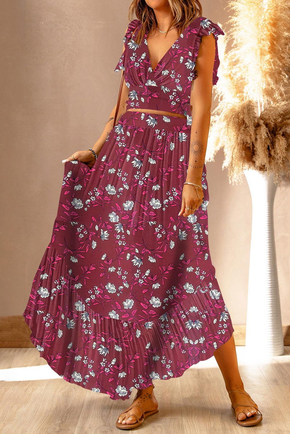 Printed Tie Back Cropped Top and Maxi Skirt Set - Clothes For Her Online Store