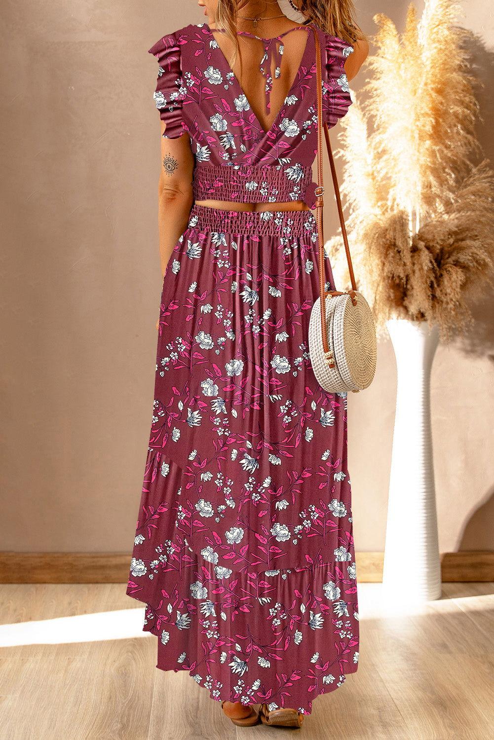 Printed Tie Back Cropped Top and Maxi Skirt Set - Clothes For Her Online Store