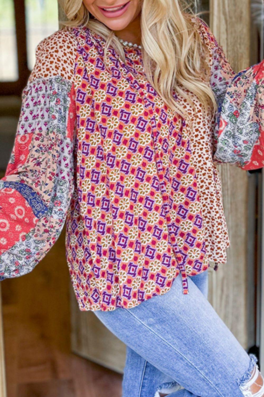 Printed Tie Neck Long Sleeve Blouse - Clothes For Her Online Store