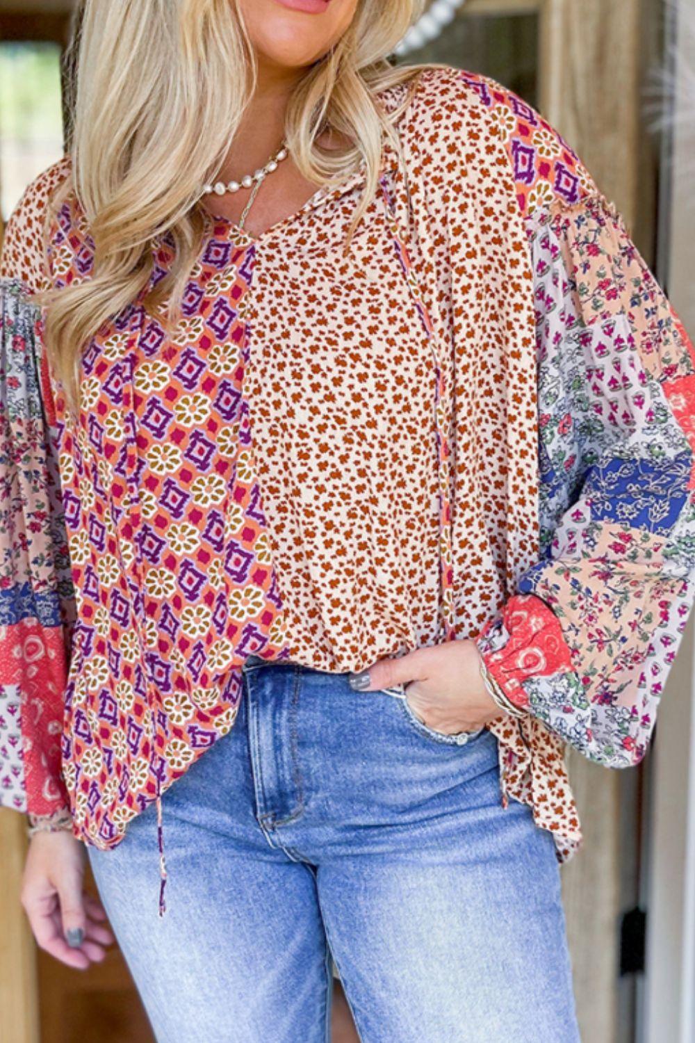 Printed Tie Neck Long Sleeve Blouse - Clothes For Her Online Store