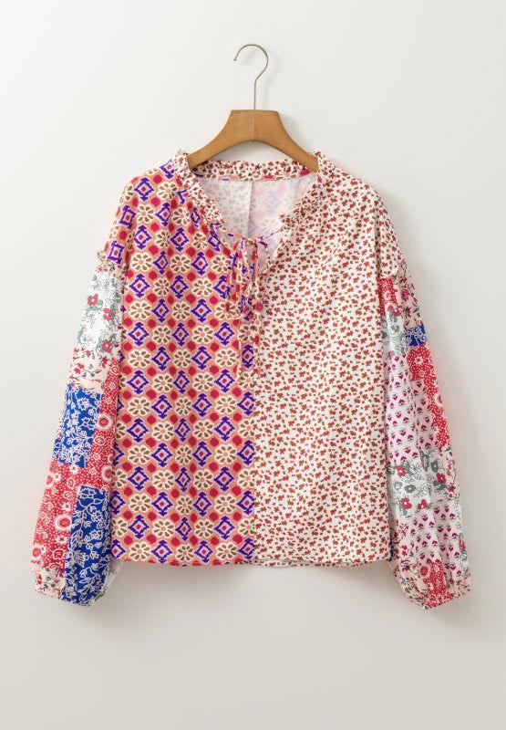Printed Tie Neck Long Sleeve Blouse - Clothes For Her Online Store