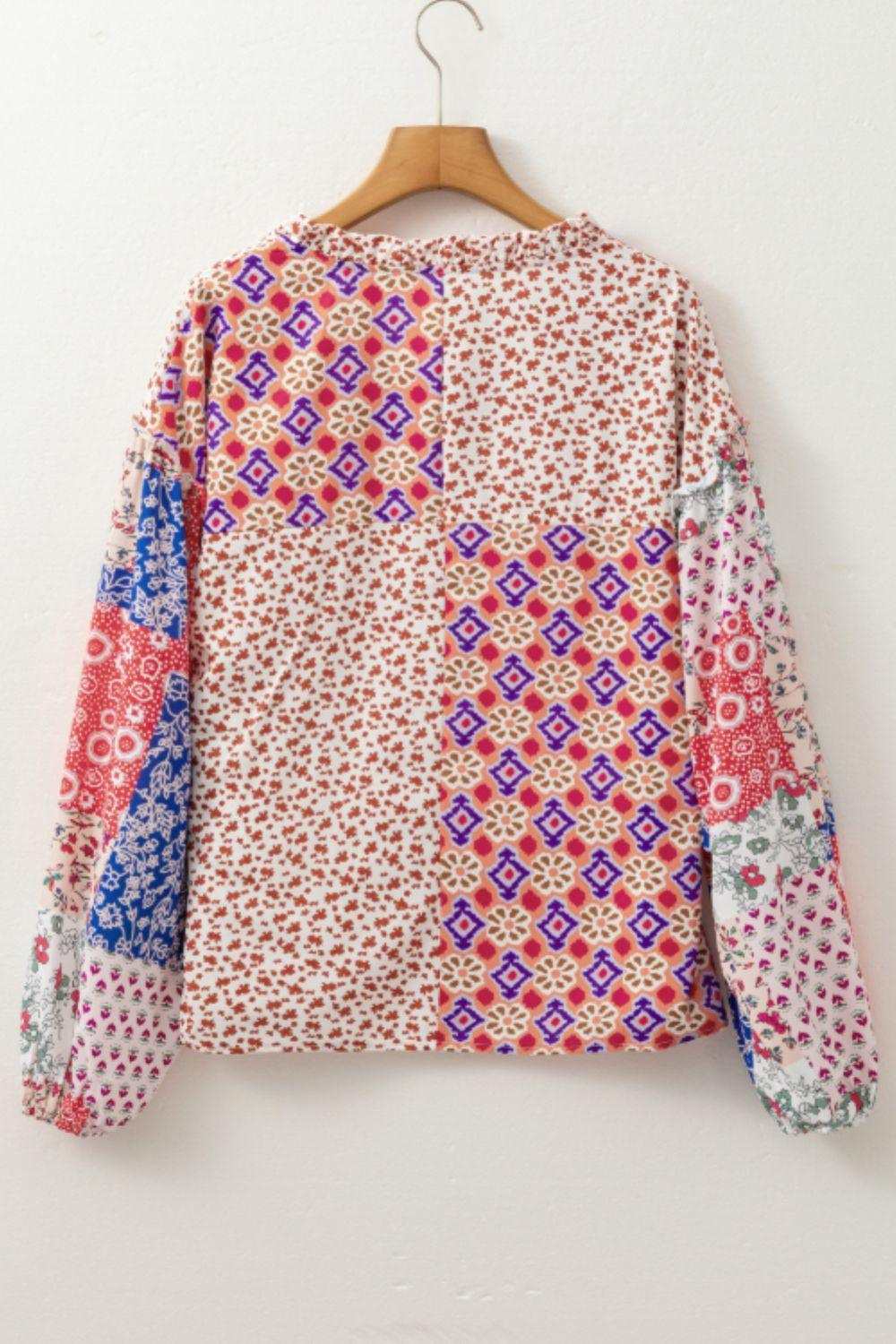 Printed Tie Neck Long Sleeve Blouse - Clothes For Her Online Store