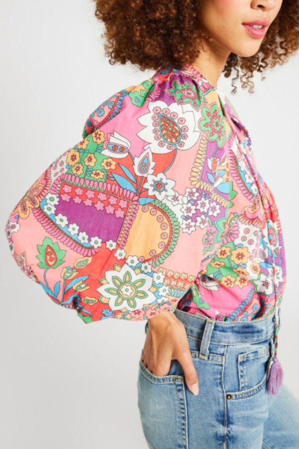 Printed Tie Neck Three-Quarter Sleeve Blouse - Clothes For Her Online Store
