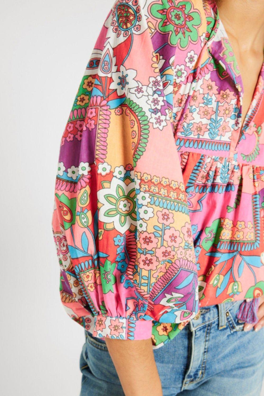 Printed Tie Neck Three-Quarter Sleeve Blouse - Clothes For Her Online Store