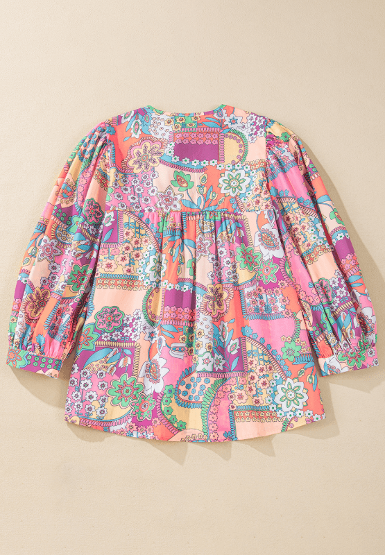 Printed Tie Neck Three-Quarter Sleeve Blouse - Clothes For Her Online Store