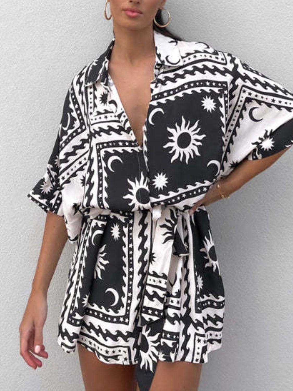 Printed Tie Waist Half Sleeve Romper - Clothes For Her Online Store