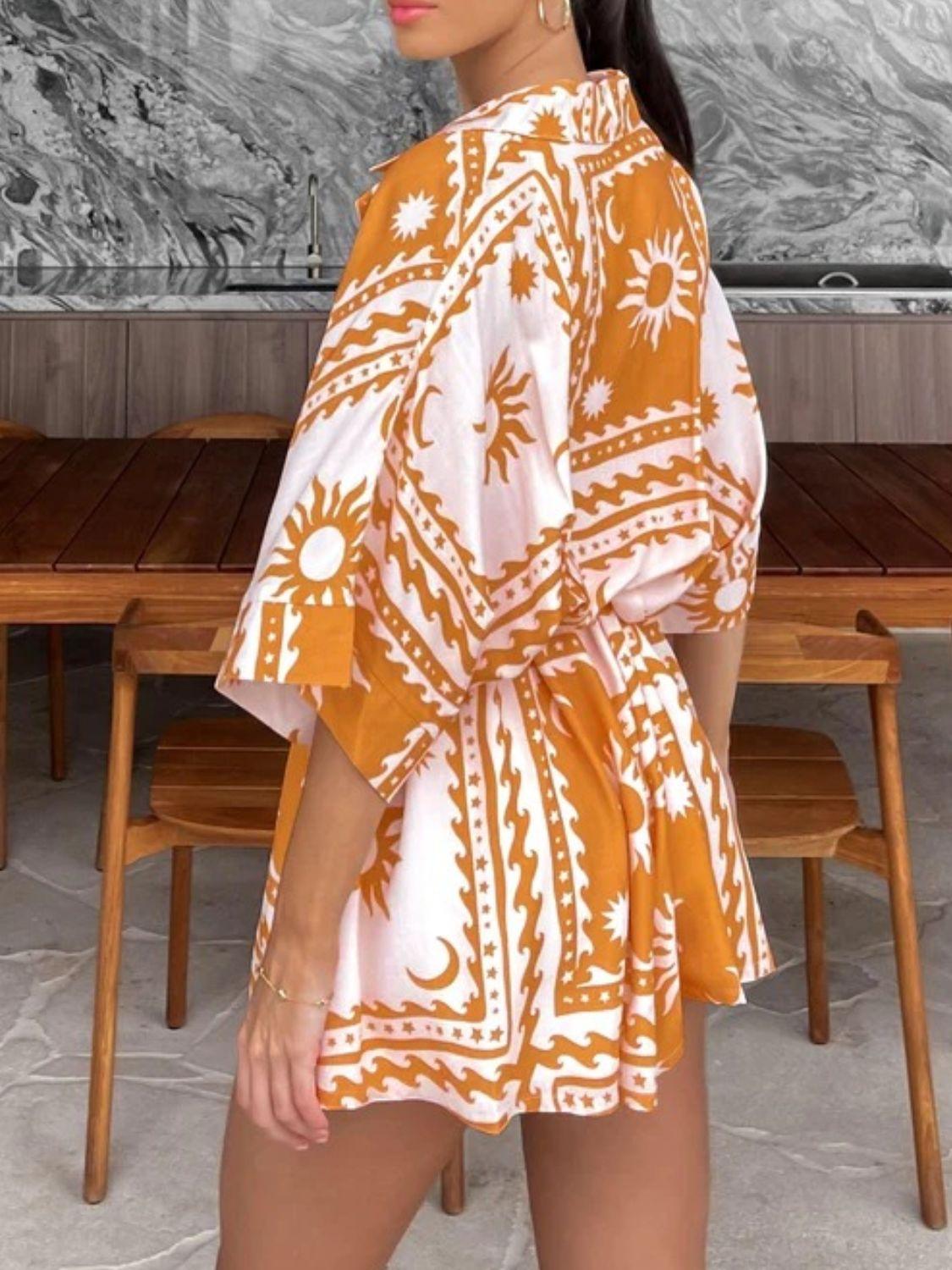 Printed Tie Waist Half Sleeve Romper - Clothes For Her Online Store