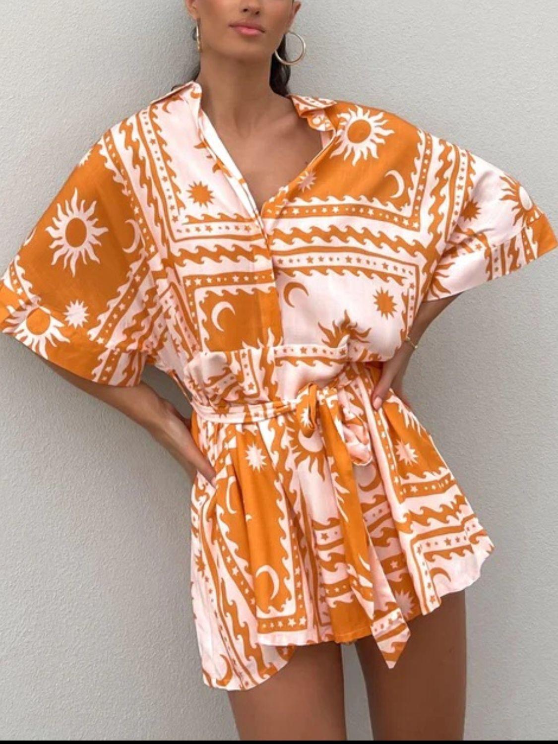 Printed Tie Waist Half Sleeve Romper - Clothes For Her Online Store