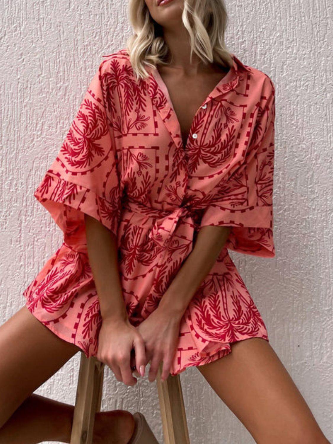 Printed Tie Waist Half Sleeve Romper - Clothes For Her Online Store