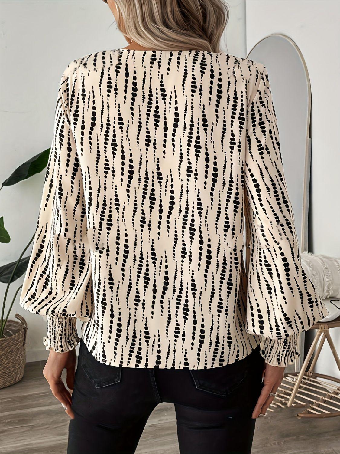 Printed V-Neck Lantern Sleeve Blouse - Clothes For Her Online Store
