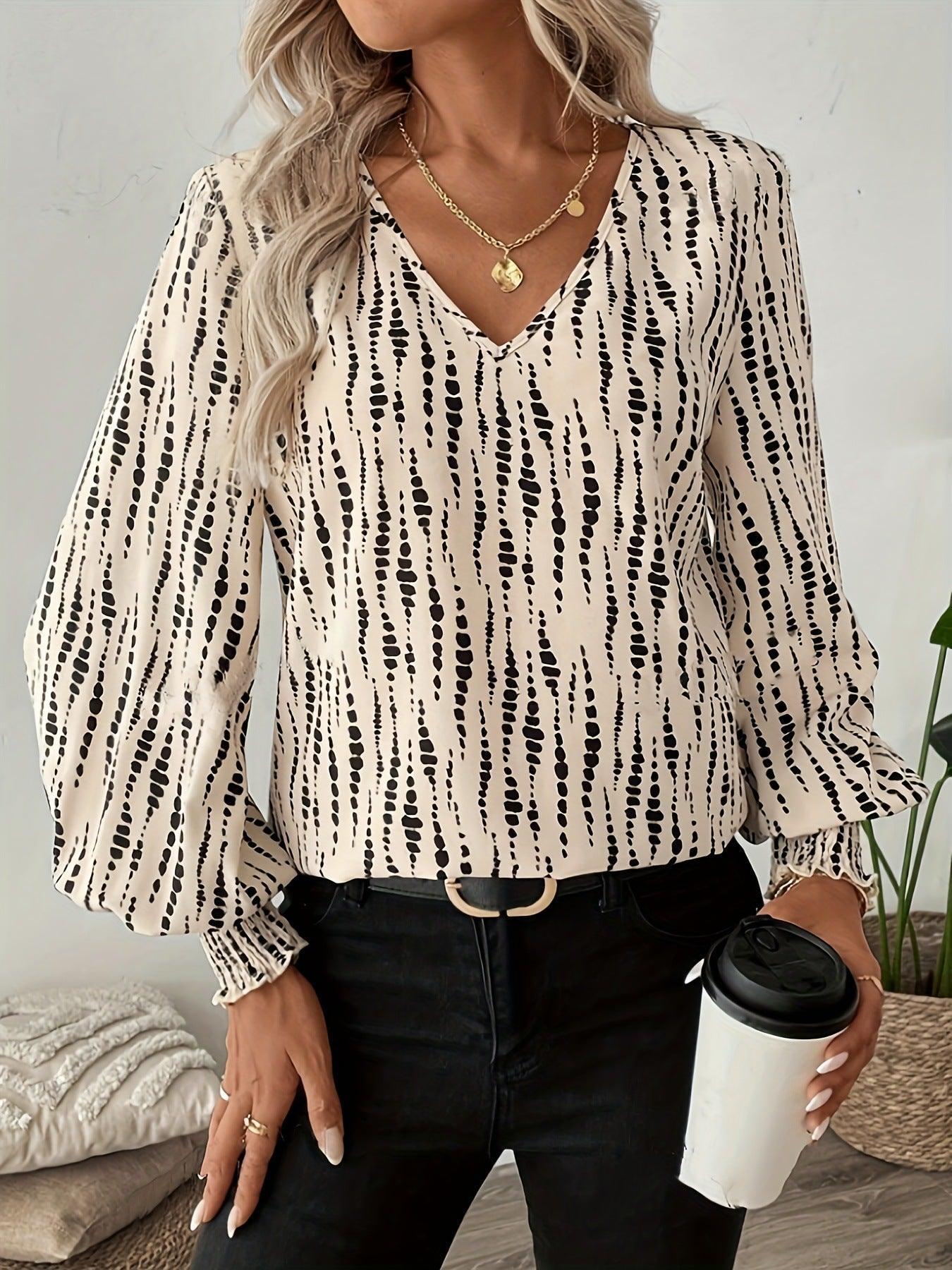 Printed V-Neck Lantern Sleeve Blouse - Clothes For Her Online Store