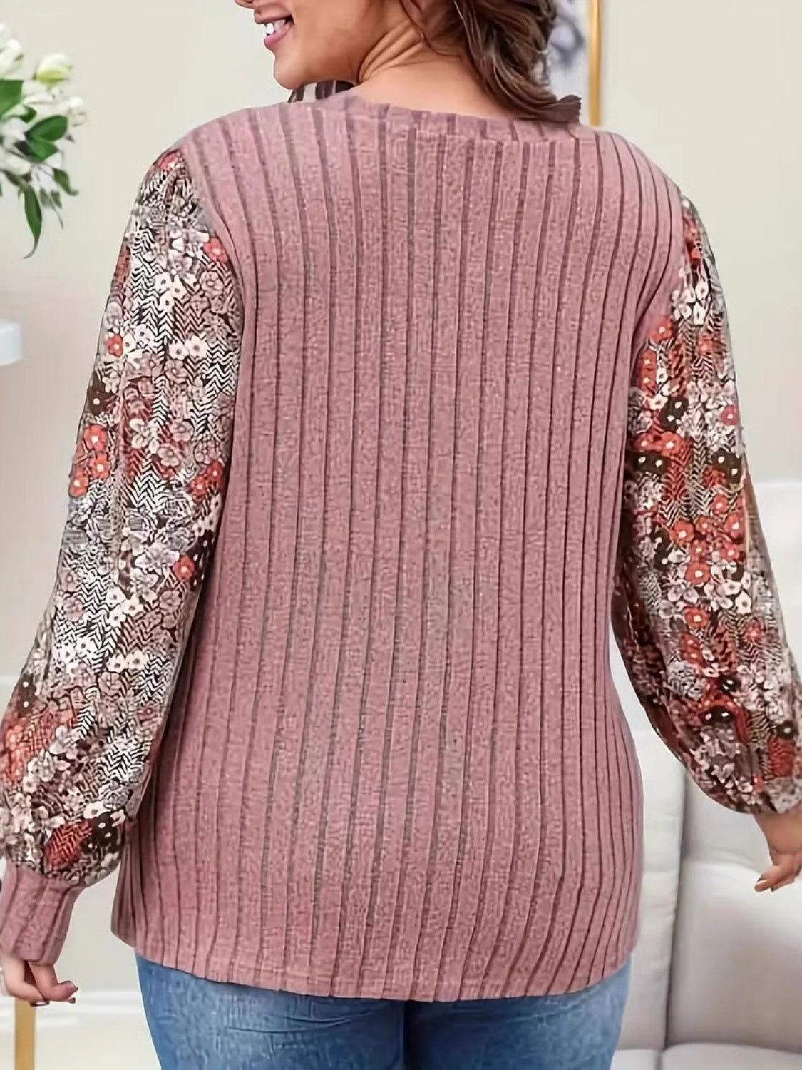 Printed V-Neck Long Sleeve T-Shirt - Clothes For Her Online Store