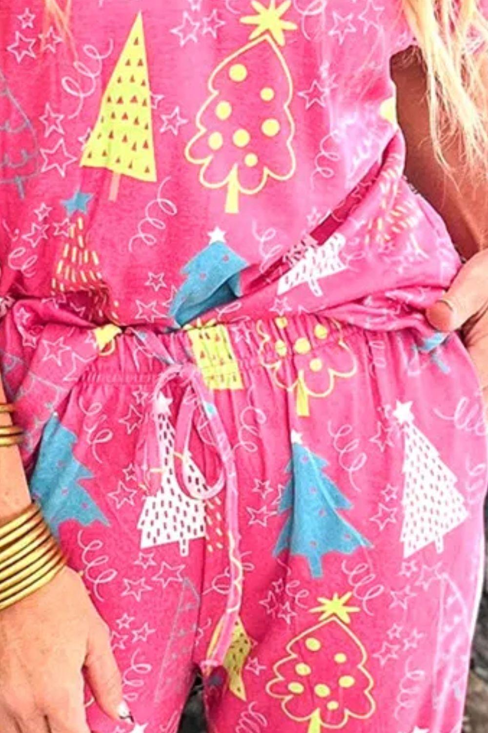 Printed V-Neck Short Sleeve Top and Pants Lounge Set - Clothes For Her Online Store