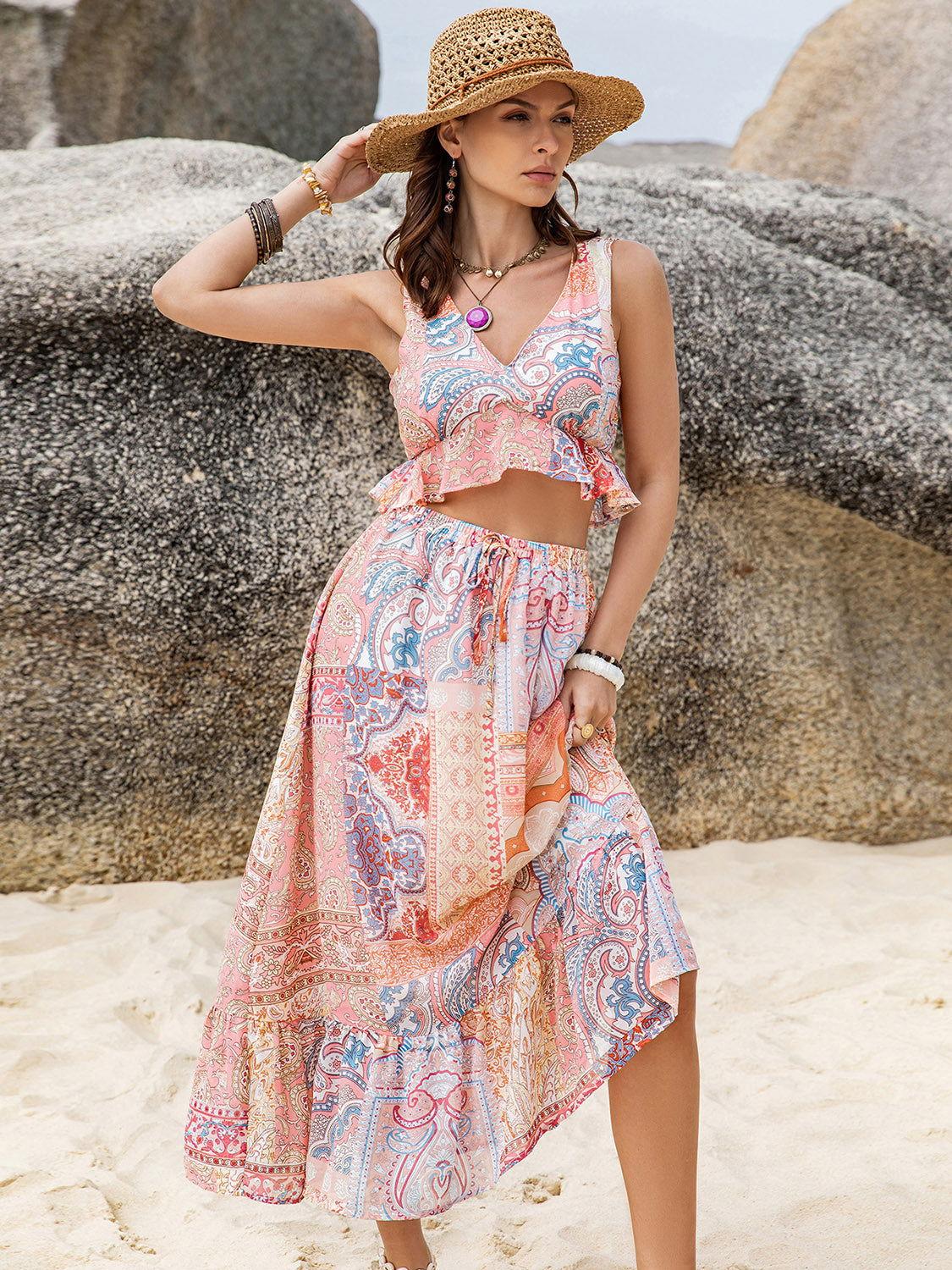 Printed V-Neck Top and Midi Skirt Set - Clothes For Her Online Store