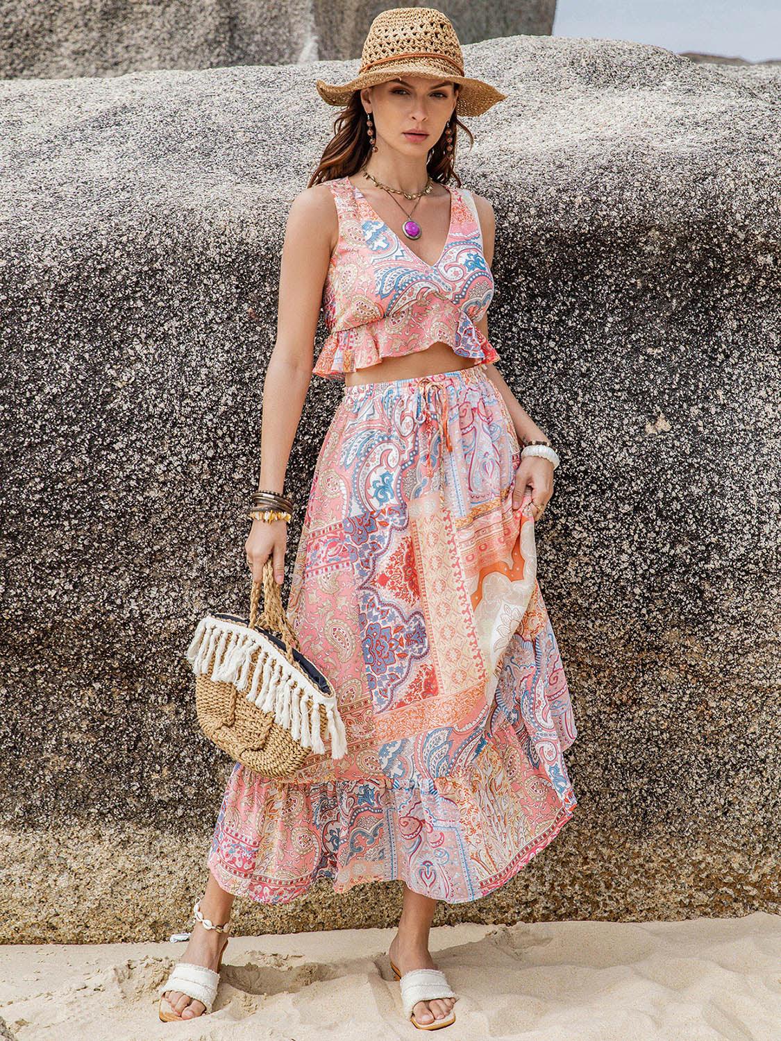 Printed V-Neck Top and Midi Skirt Set - Clothes For Her Online Store