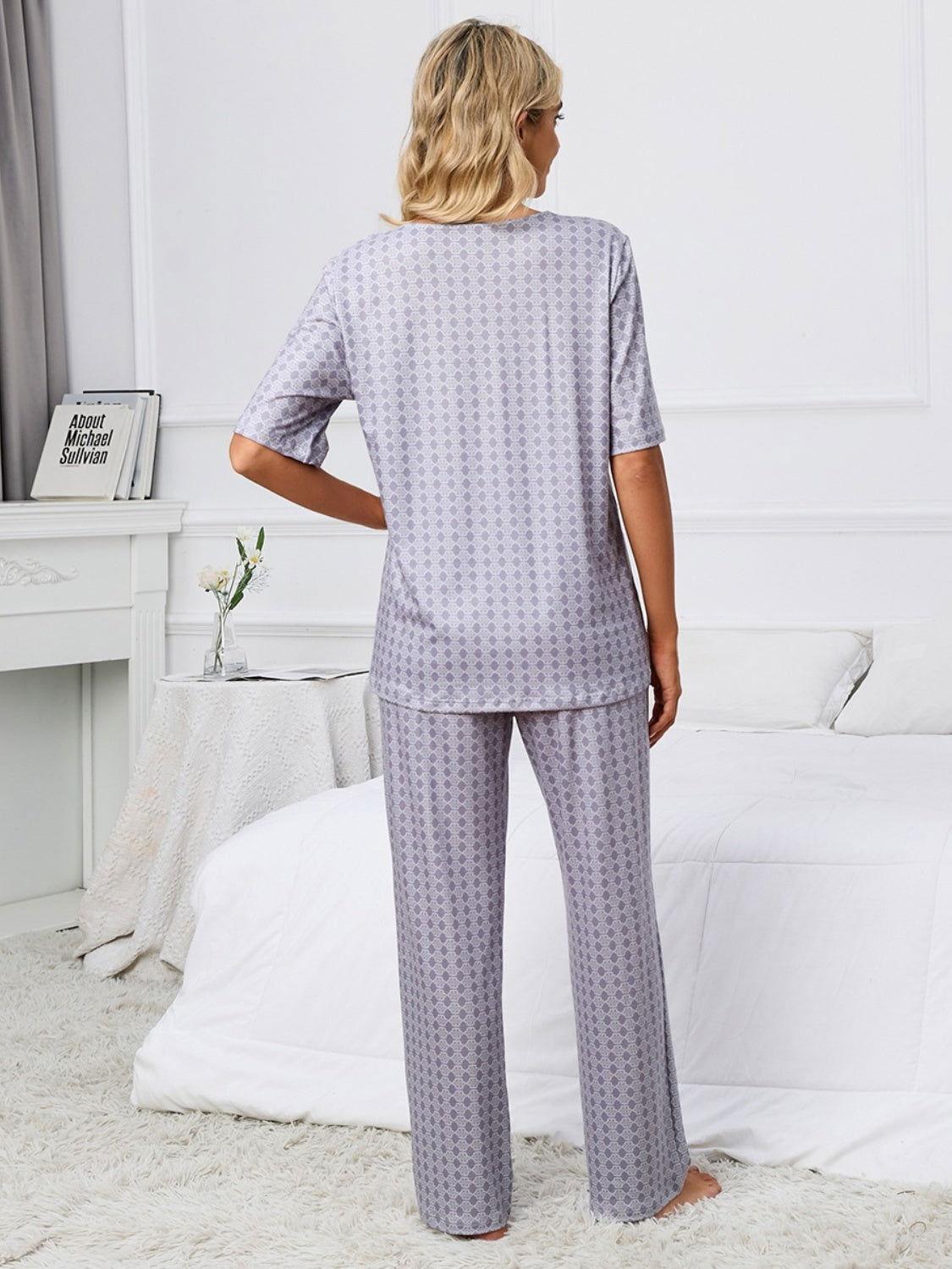 Printed V-Neck Top and Pants Lounge Set - Clothes For Her Online Store