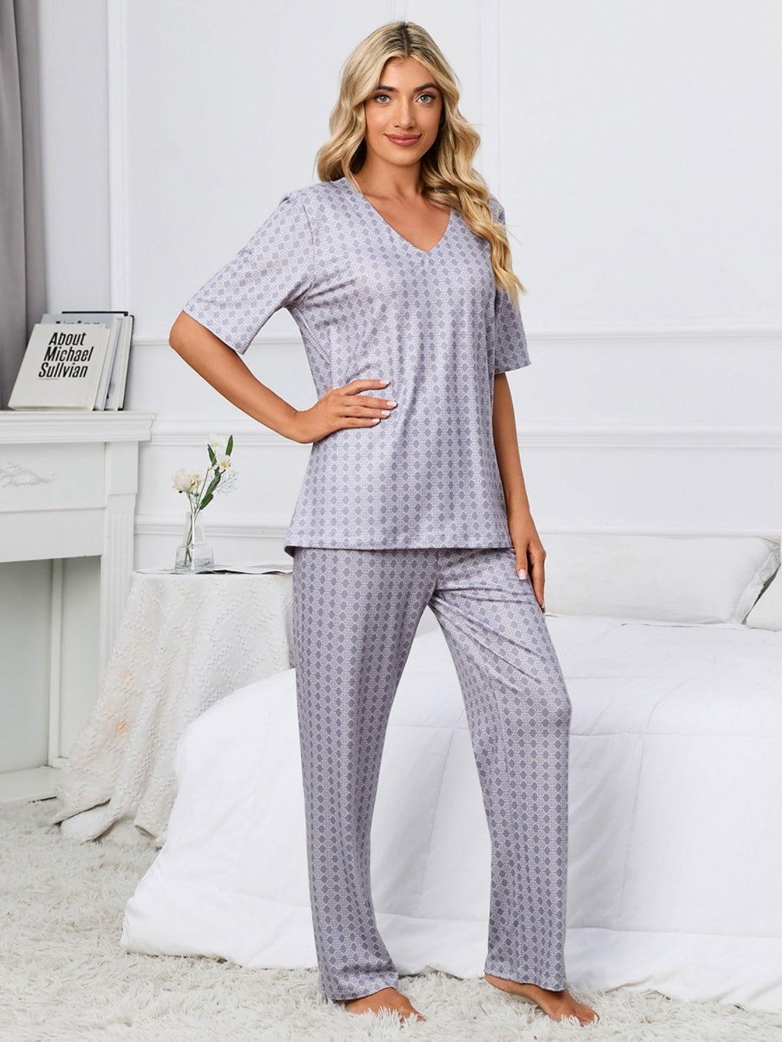 Printed V-Neck Top and Pants Lounge Set - Clothes For Her Online Store