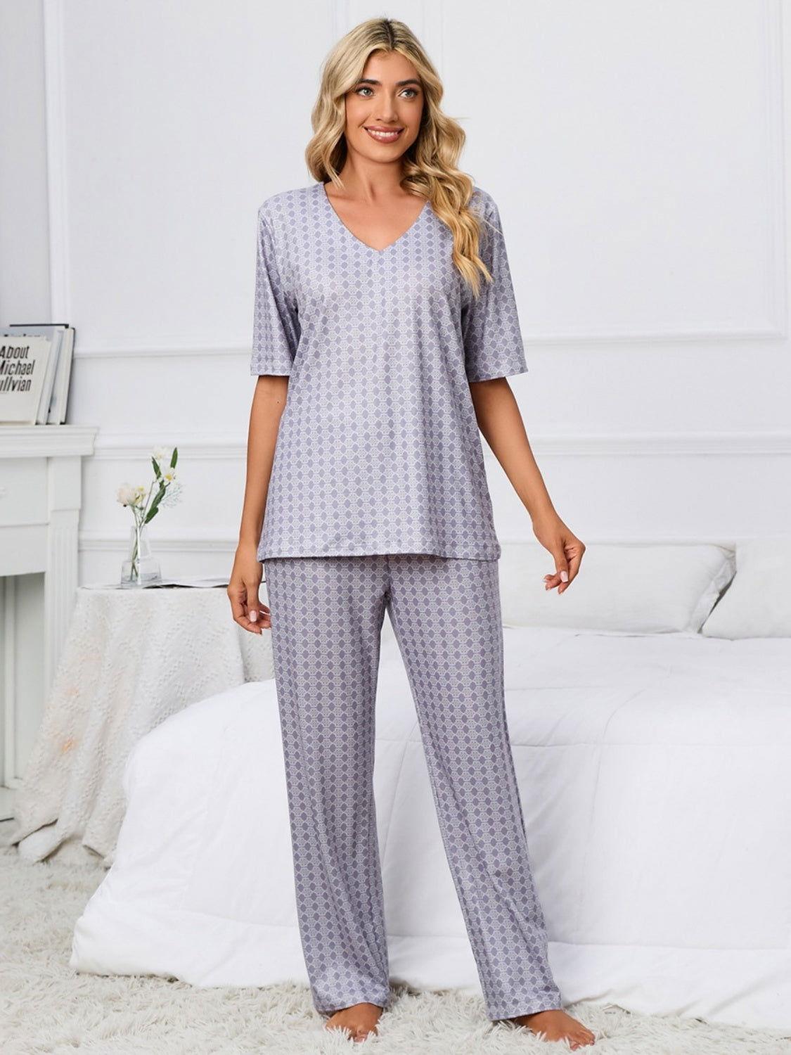 Printed V-Neck Top and Pants Lounge Set - Clothes For Her Online Store