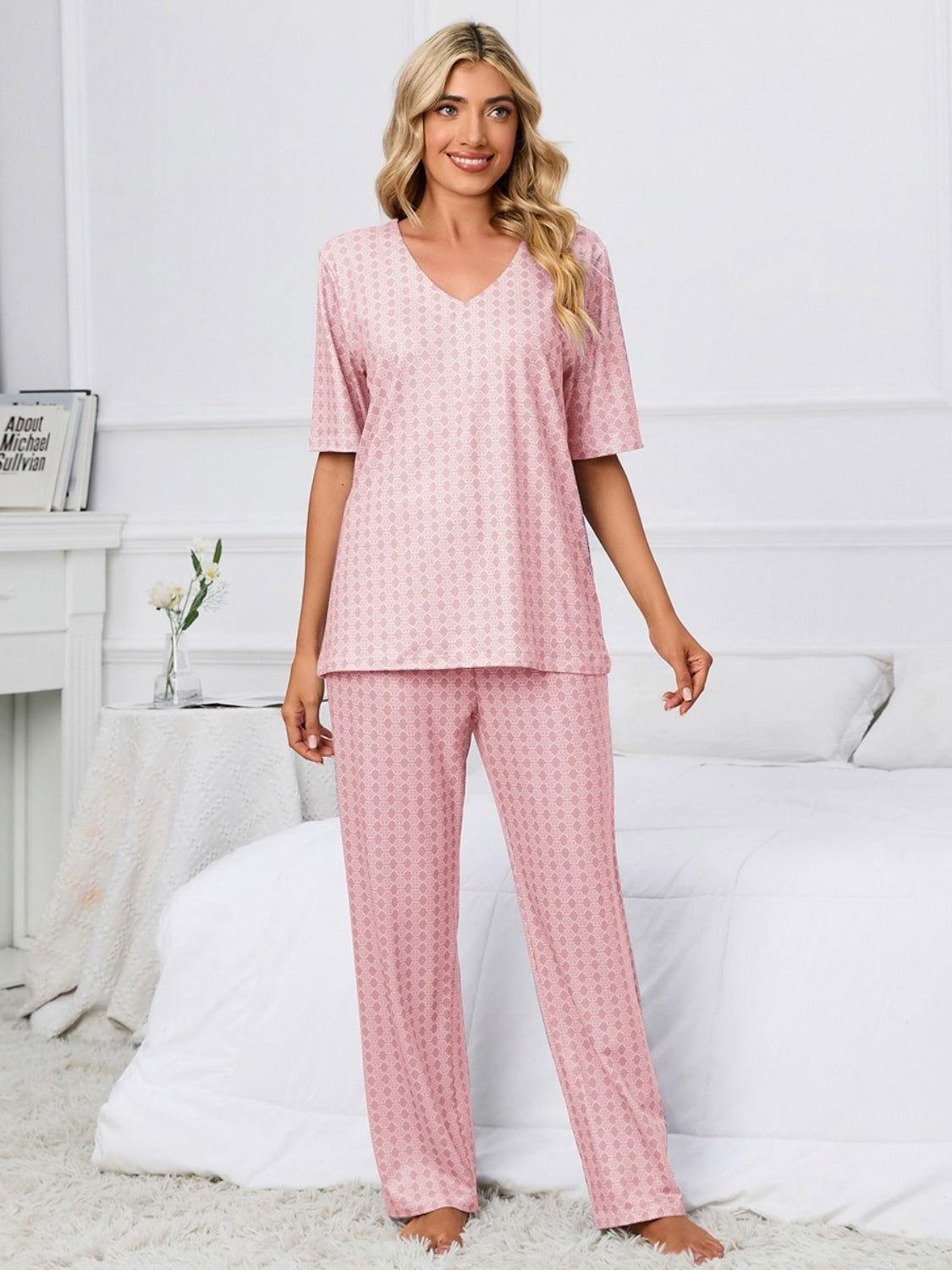 Printed V-Neck Top and Pants Lounge Set - Clothes For Her Online Store