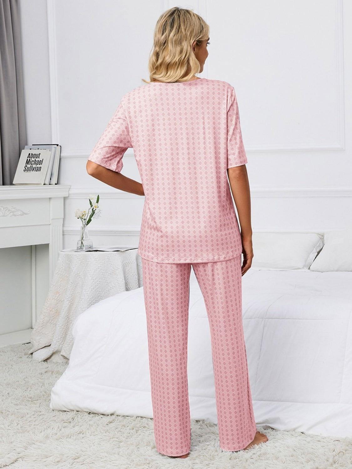 Printed V-Neck Top and Pants Lounge Set - Clothes For Her Online Store