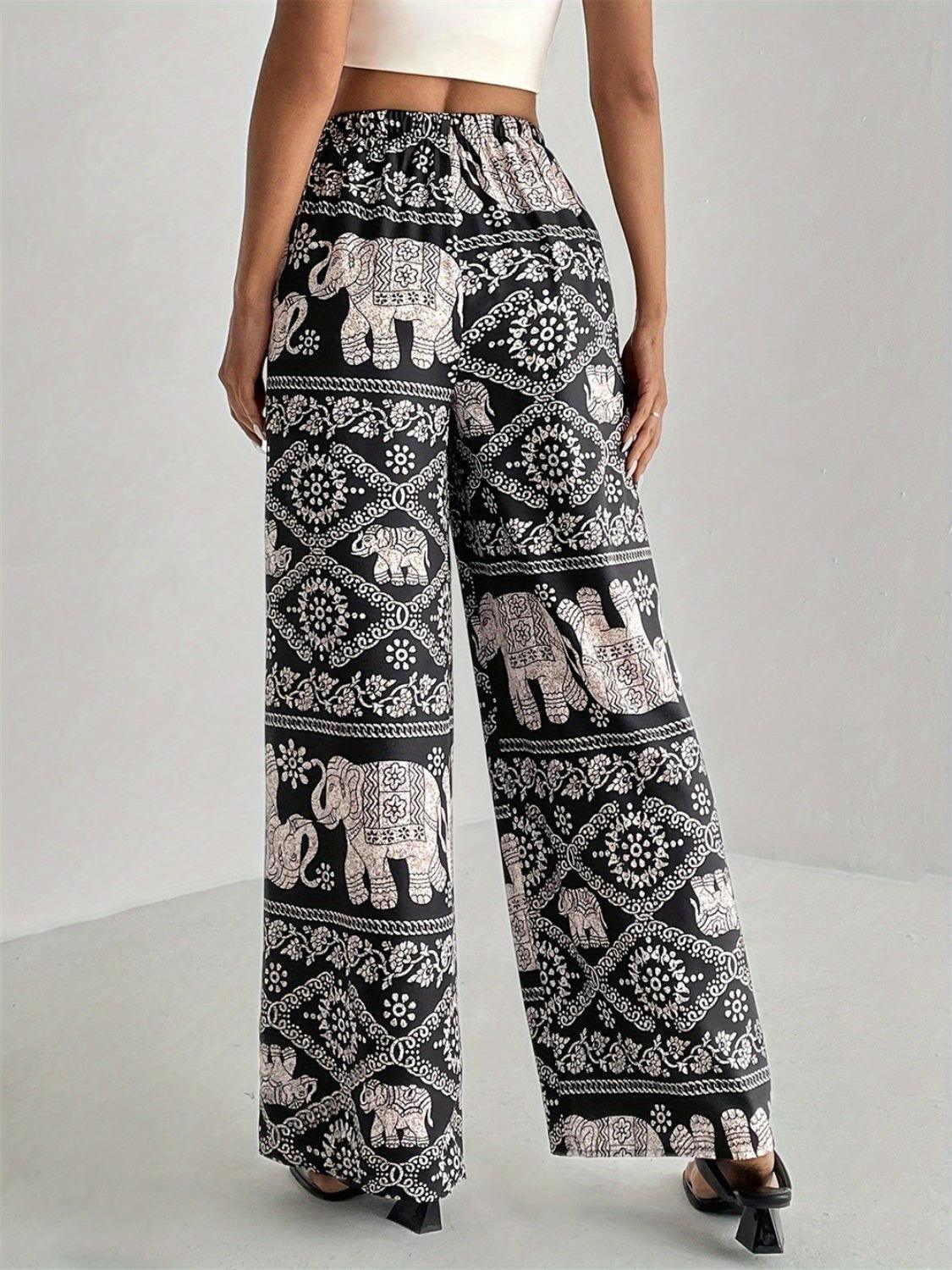 Printed Wide Leg Elastic Waist Pants - Clothes For Her Online Store