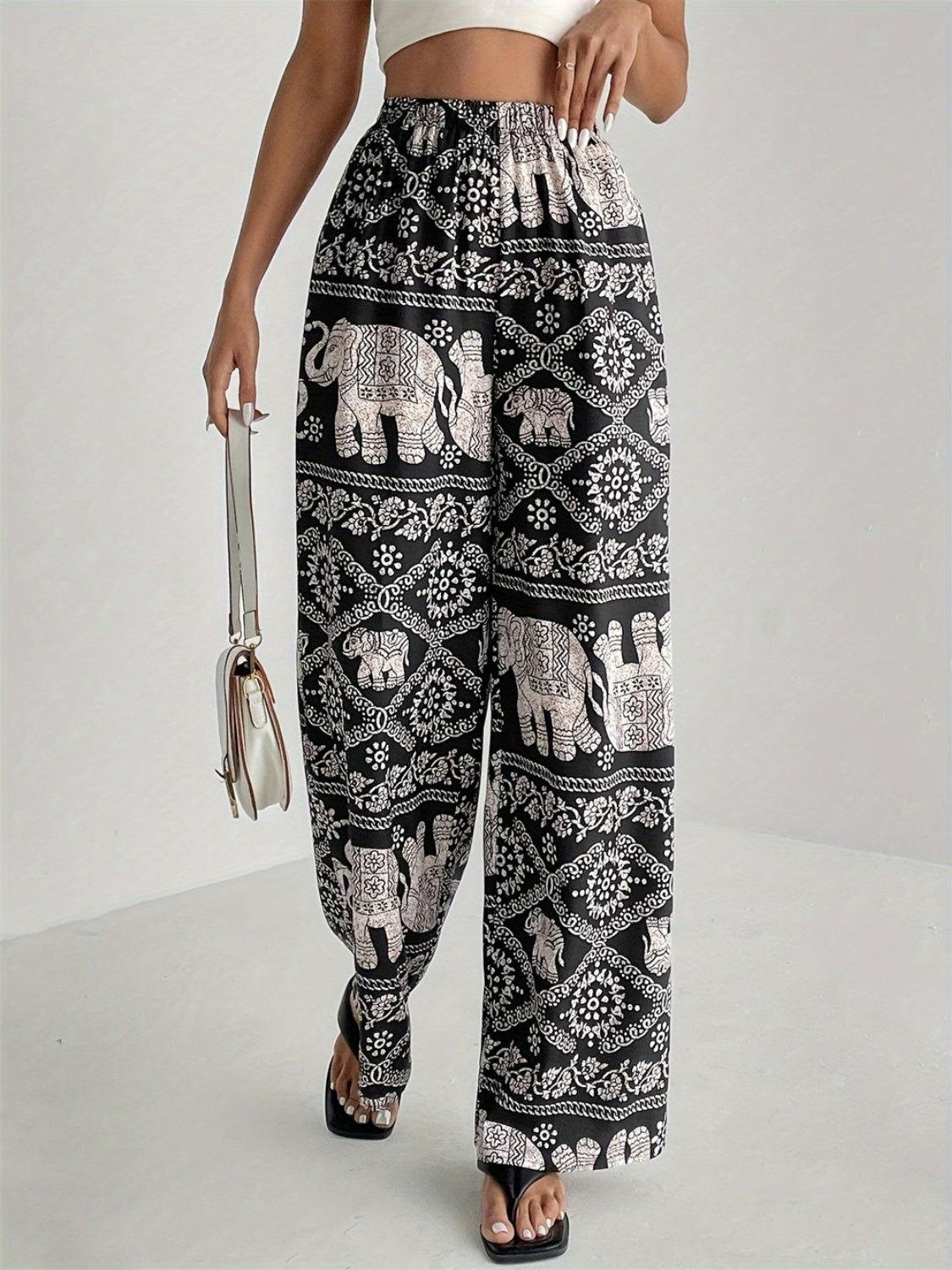 Printed Wide Leg Elastic Waist Pants - Clothes For Her Online Store