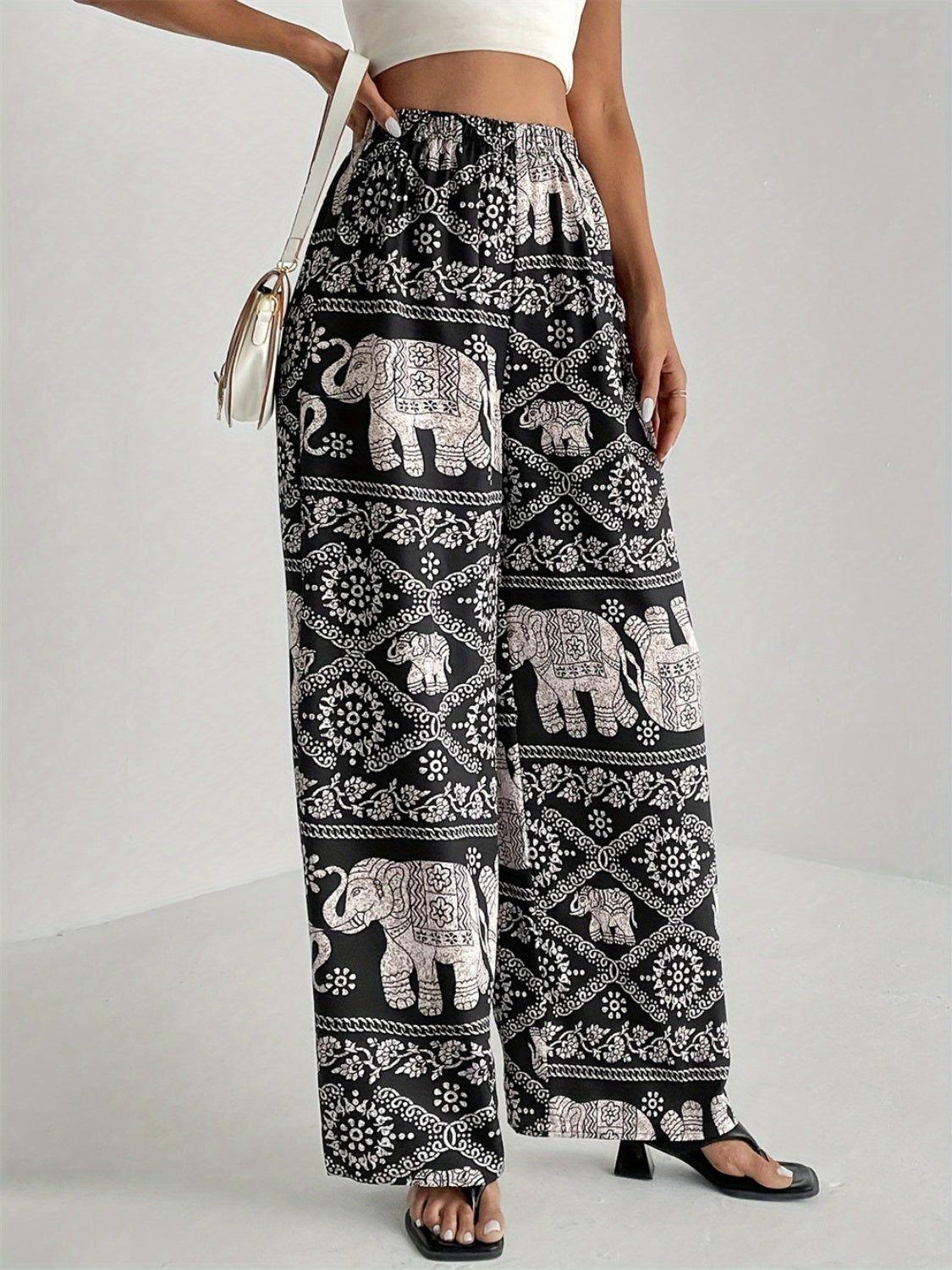 Printed Wide Leg Elastic Waist Pants - Clothes For Her Online Store