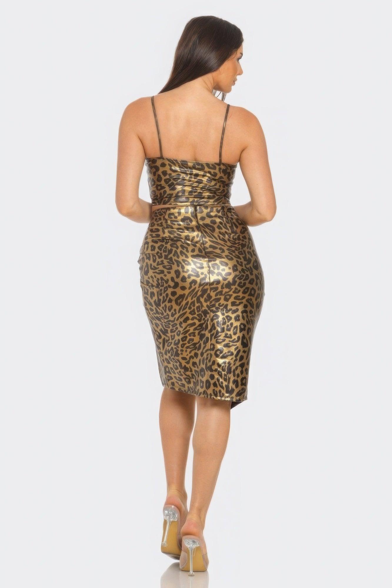 Pu Cheetah Print Top & Front Wrap Slit Skirt Set - Clothes For Her Online Store