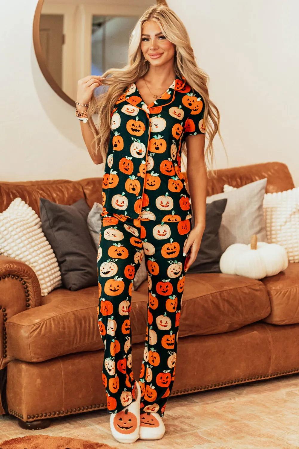 Pumpkin Printed Short Sleeve Top and Pants Lounge Set - Clothes For Her Online Store