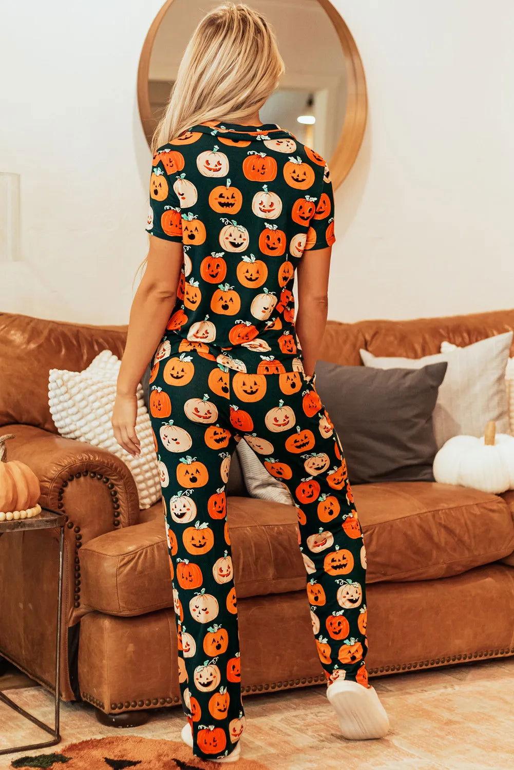 Pumpkin Printed Short Sleeve Top and Pants Lounge Set - Clothes For Her Online Store