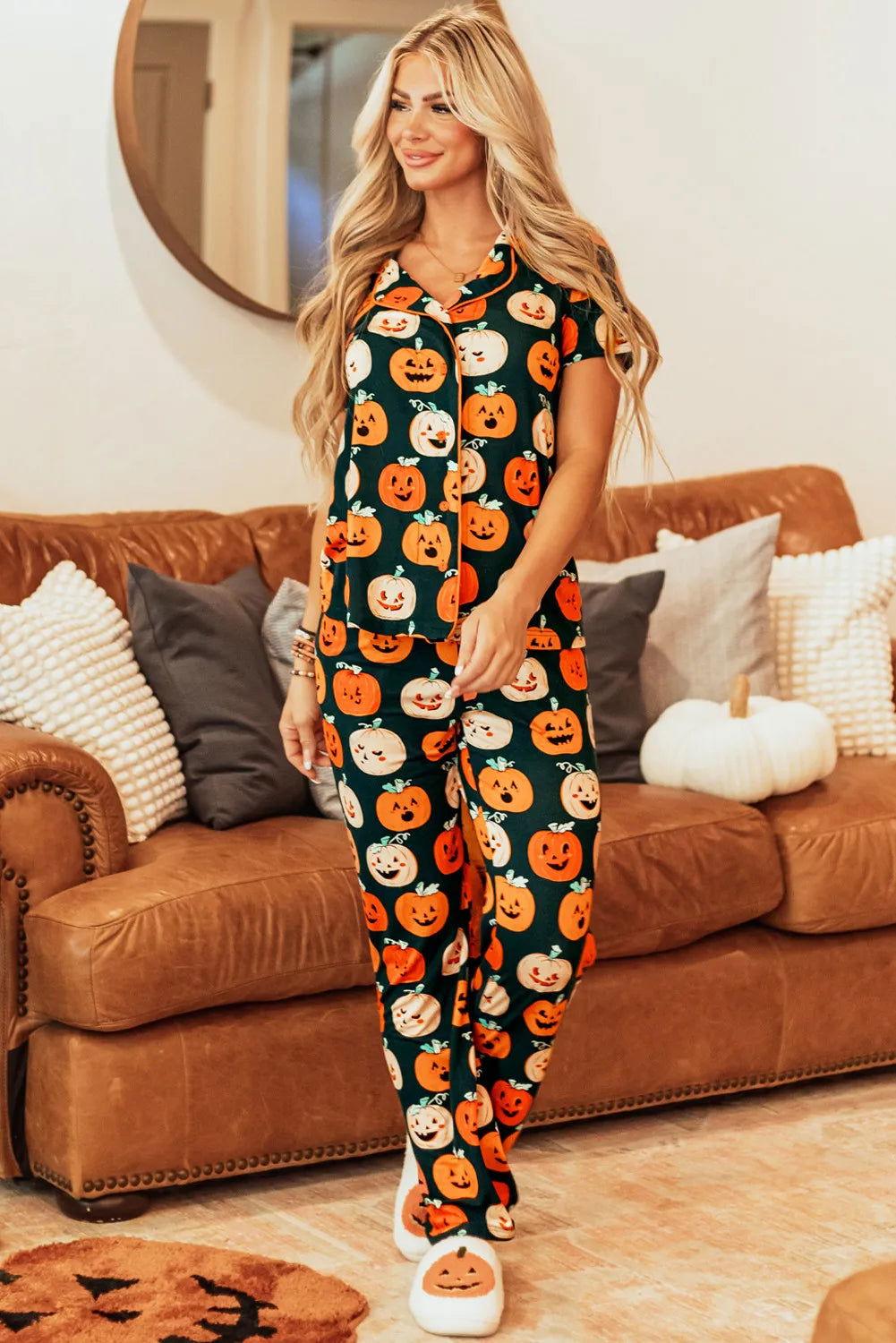 Pumpkin Printed Short Sleeve Top and Pants Lounge Set - Clothes For Her Online Store