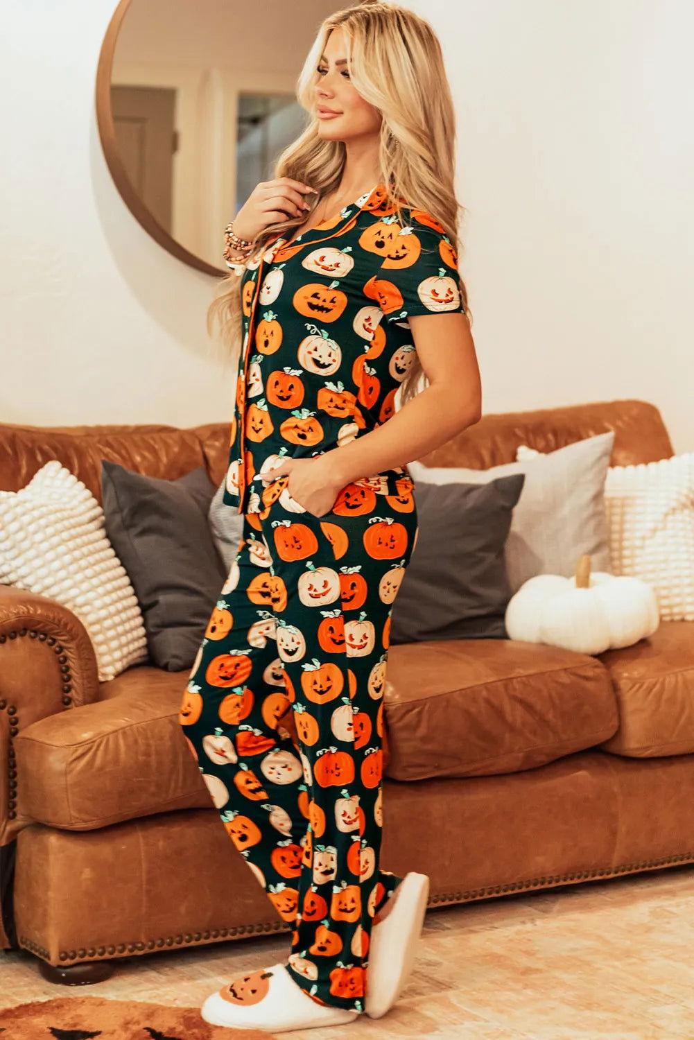 Pumpkin Printed Short Sleeve Top and Pants Lounge Set - Clothes For Her Online Store