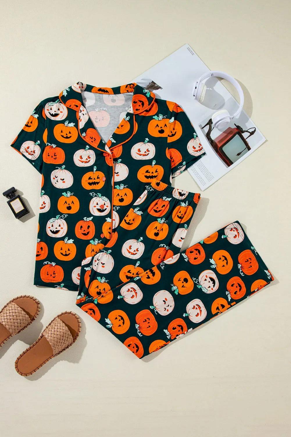 Pumpkin Printed Short Sleeve Top and Pants Lounge Set - Clothes For Her Online Store