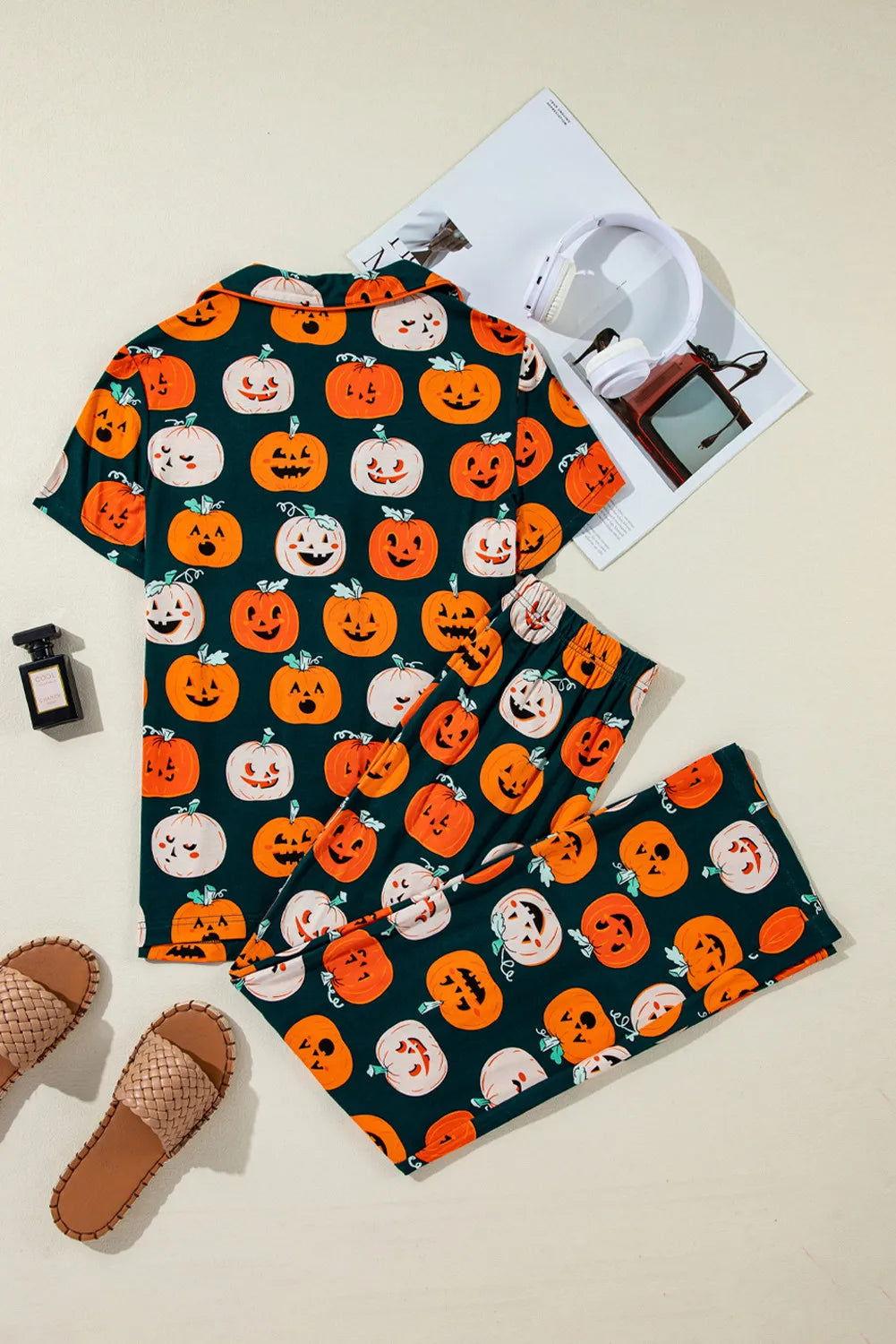 Pumpkin Printed Short Sleeve Top and Pants Lounge Set - Clothes For Her Online Store