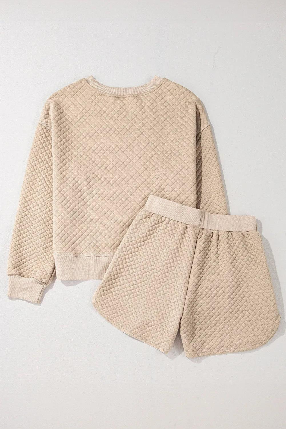 Quilted Round Neck Long Sleeve Top and Shorts Set - Clothes For Her Online Store
