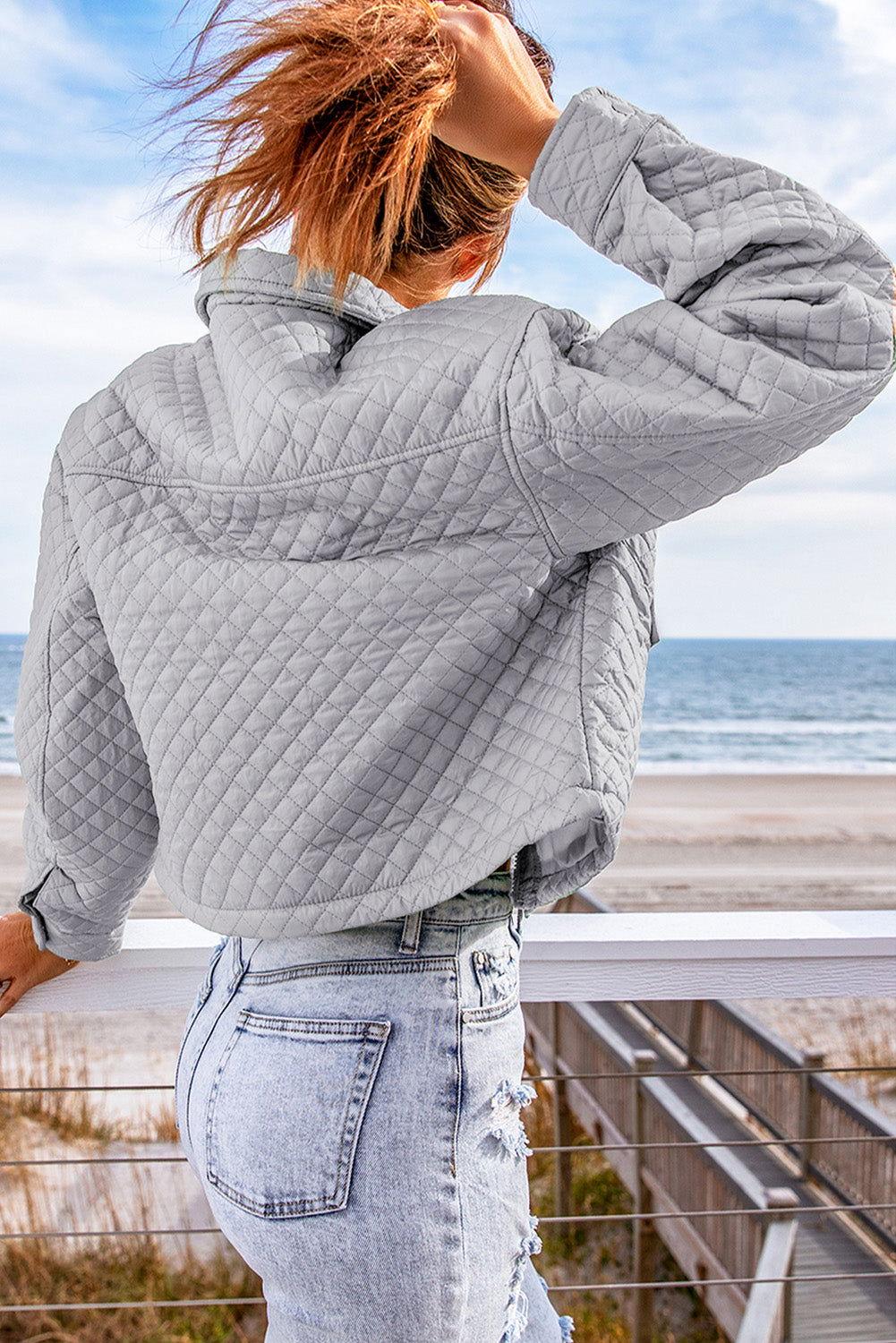 Quilted Snap and Zip Long Sleeve Cropped Jacket - Clothes For Her Online Store