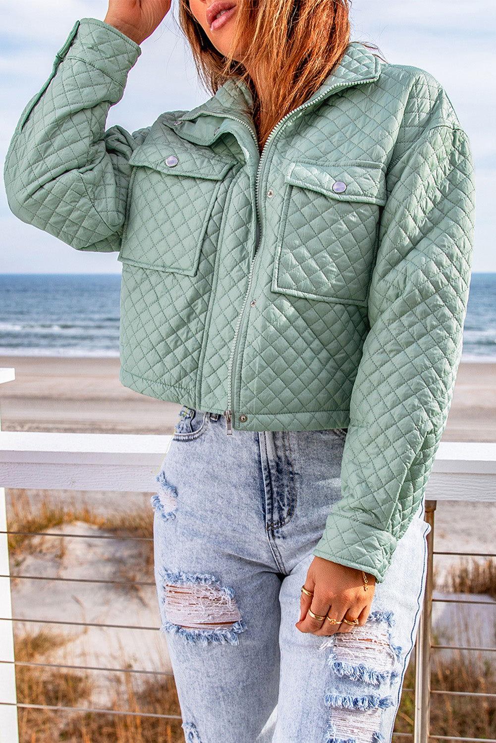 Quilted Snap and Zip Long Sleeve Cropped Jacket - Clothes For Her Online Store