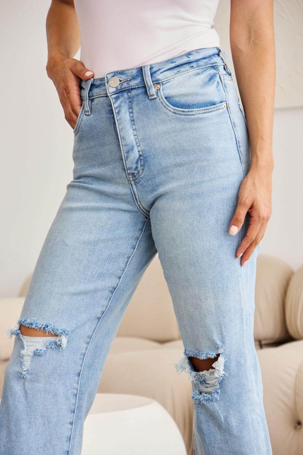 RFM Full Size Tummy Control High Waist Raw Hem Distressed Jeans - Clothes For Her Online Store