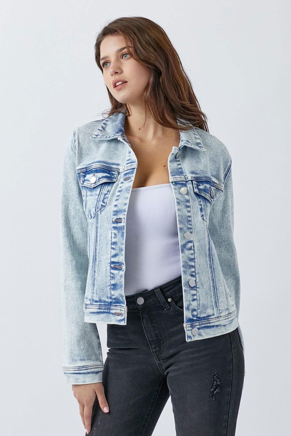 RISEN Button Up Washed Denim Jacket - Clothes For Her Online Store
