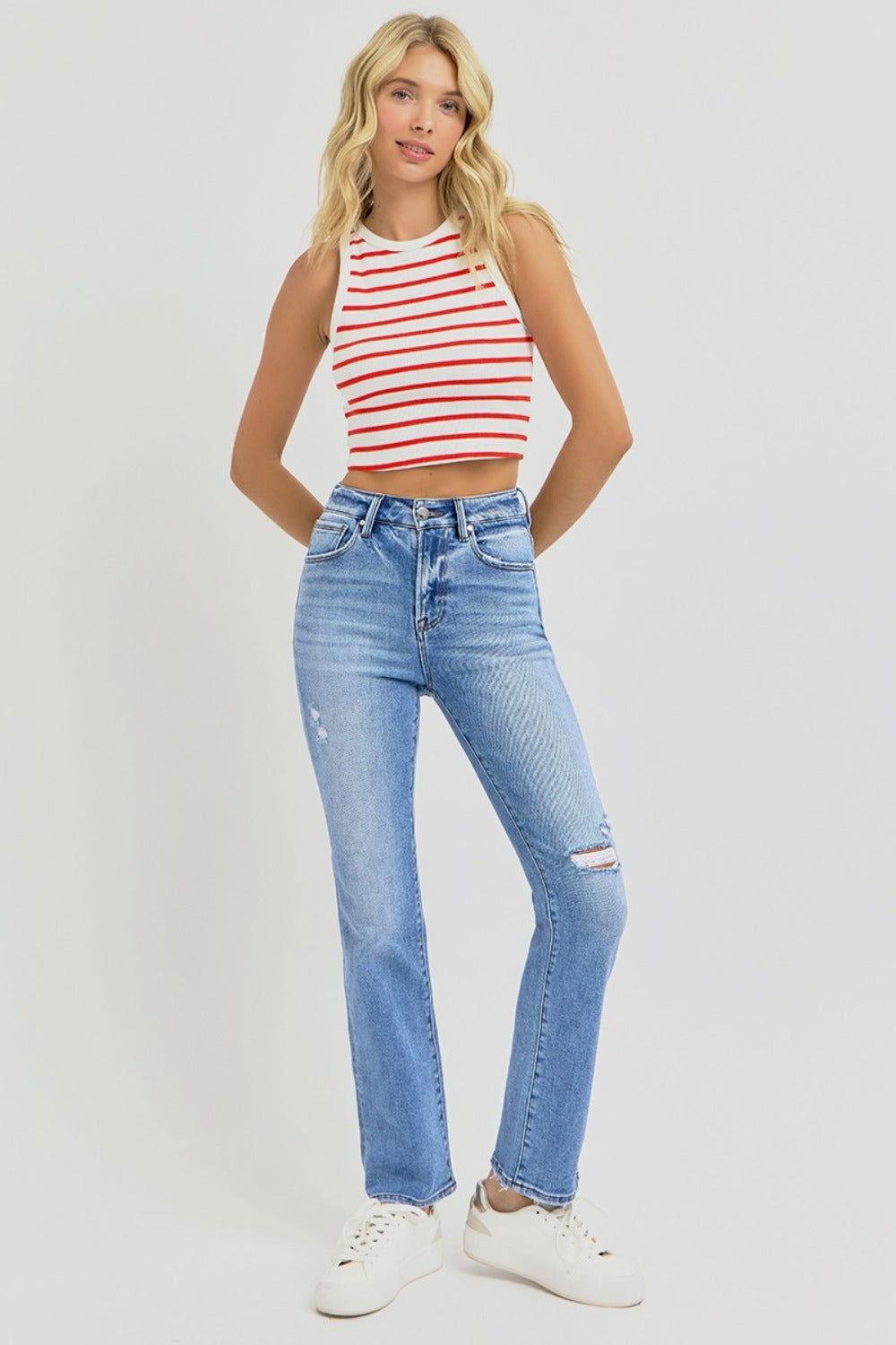 RISEN Full Size Distressed High-Rise Ankle Straight Jeans - Clothes For Her Online Store