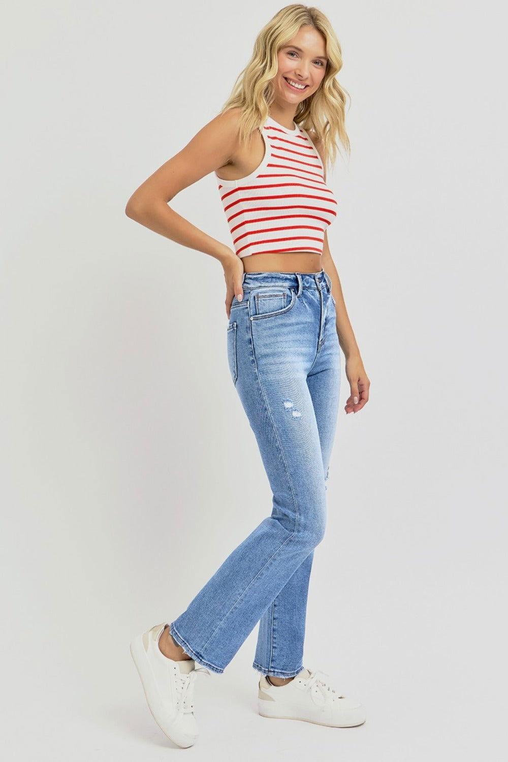 RISEN Full Size Distressed High-Rise Ankle Straight Jeans - Clothes For Her Online Store