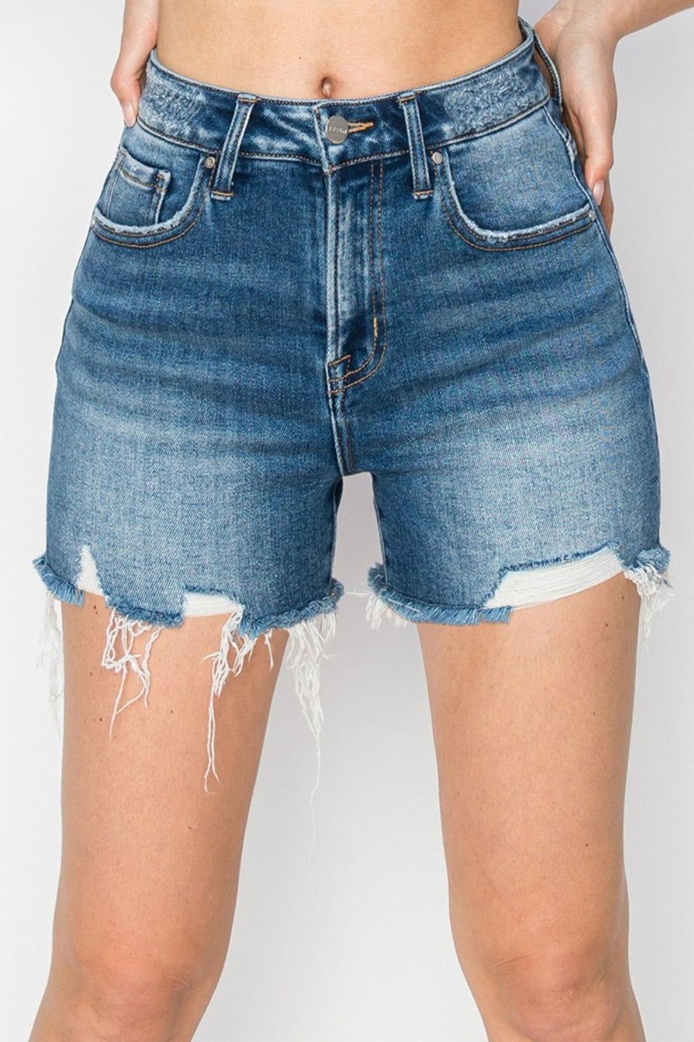 RISEN High Rise Raw Hem Distressed Denim Shorts - Clothes For Her Online Store