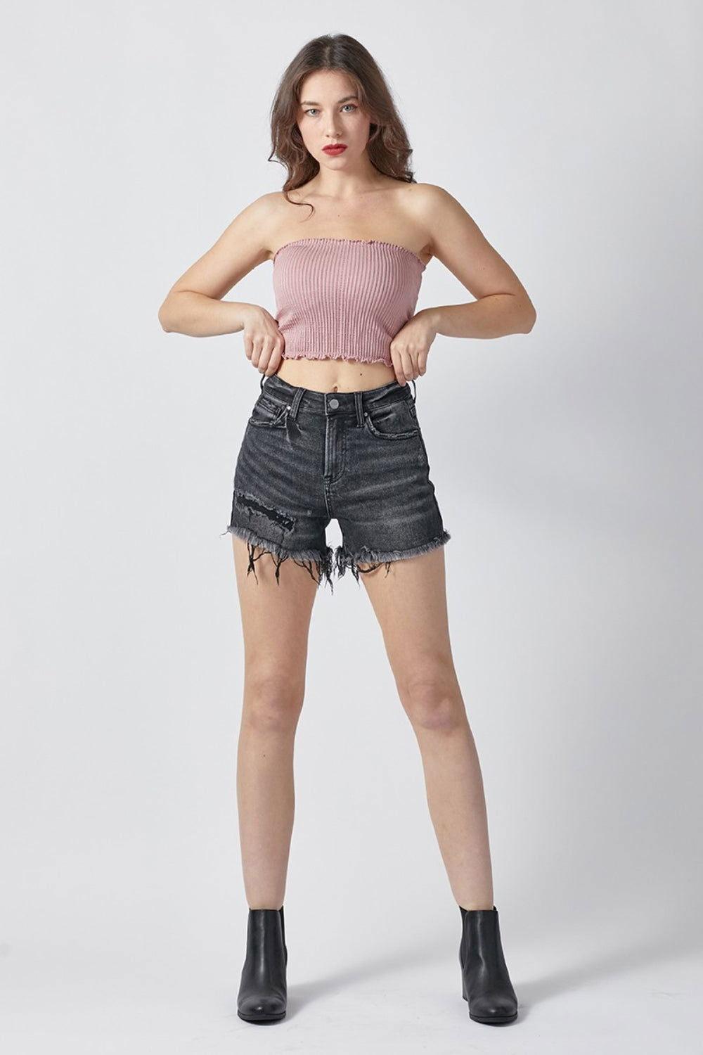 RISEN Raw Hem Denim Shorts with Pockets - Clothes For Her Online Store